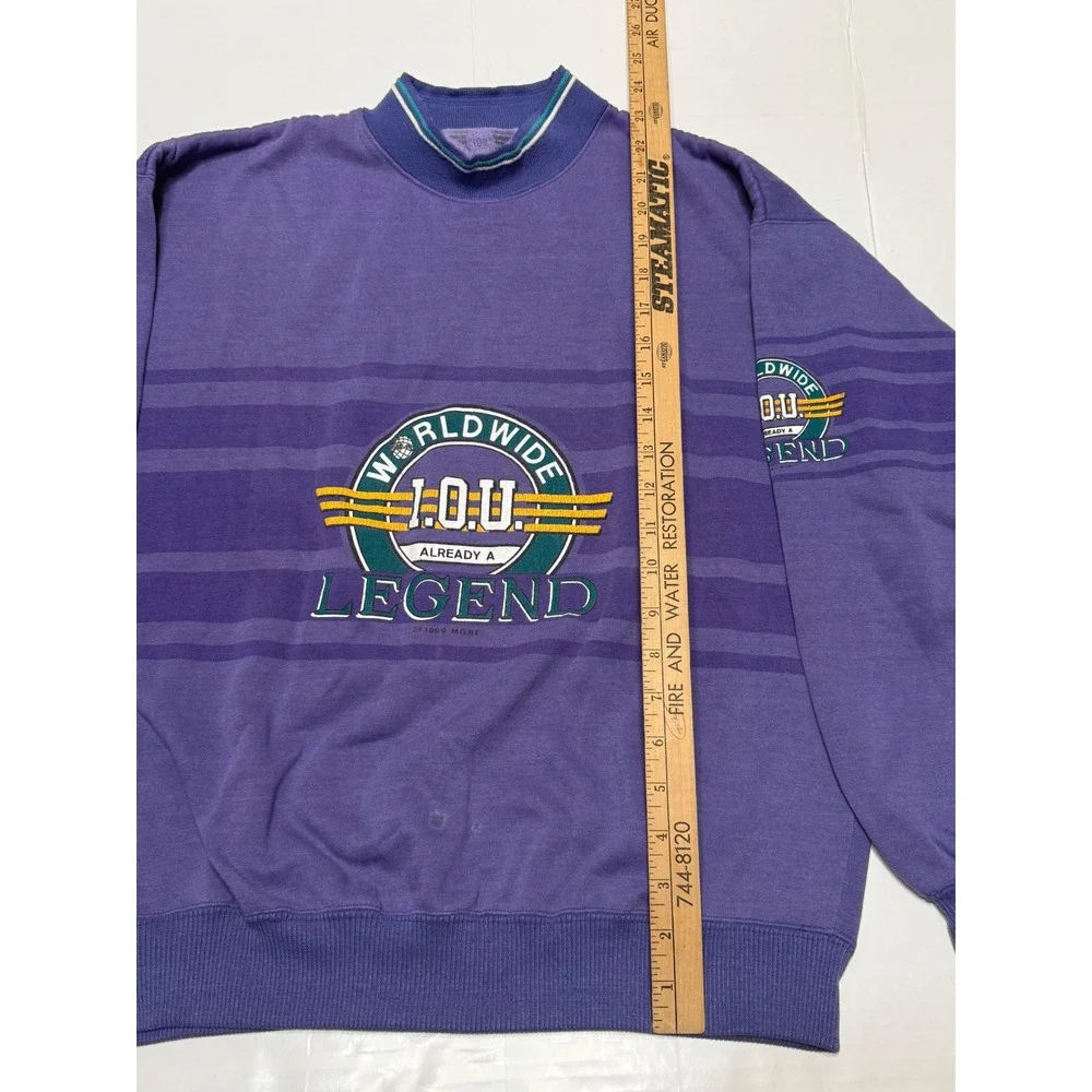 Vintage 1989 I.O.U. Worldwide Legend‎ Sweatshirt Purple Graphic Mock Neck